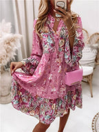 Luna | Boho Floral Midi Dress Long Sleeve V-Neck