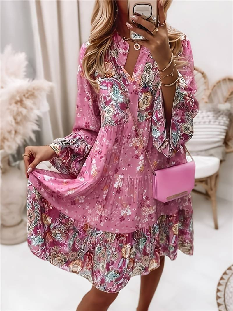 Luna | Boho Floral Midi Dress Long Sleeve V-Neck