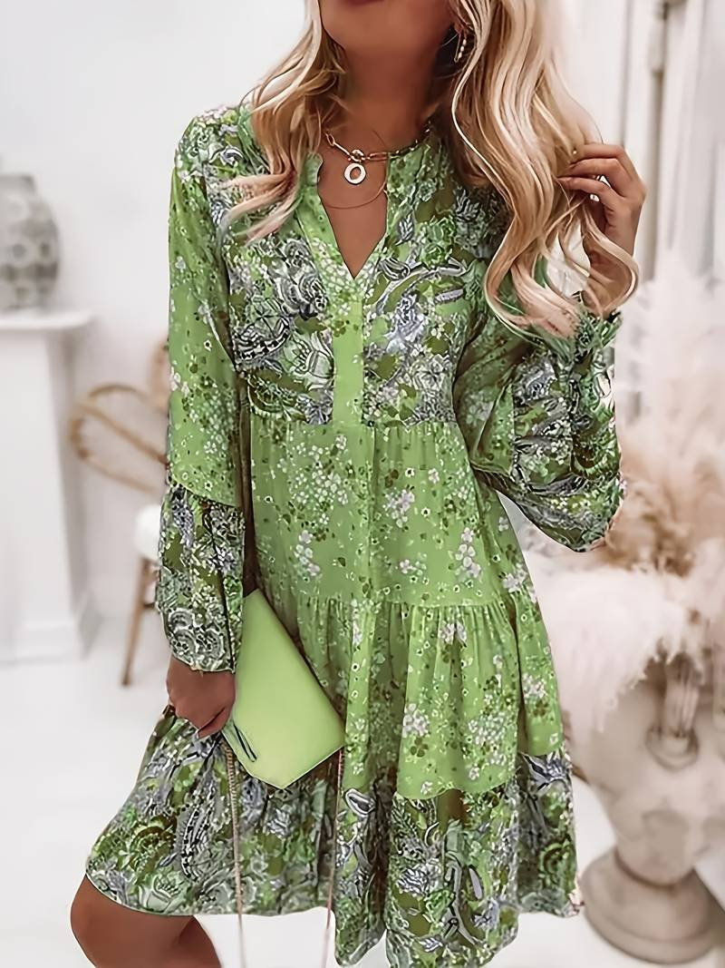 Luna | Boho Floral Midi Dress Long Sleeve V-Neck
