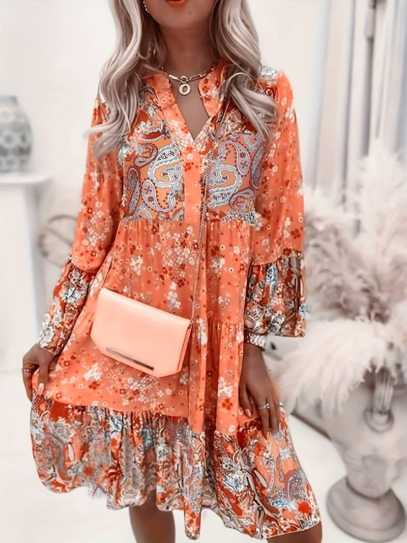 Luna | Boho Floral Midi Dress Long Sleeve V-Neck