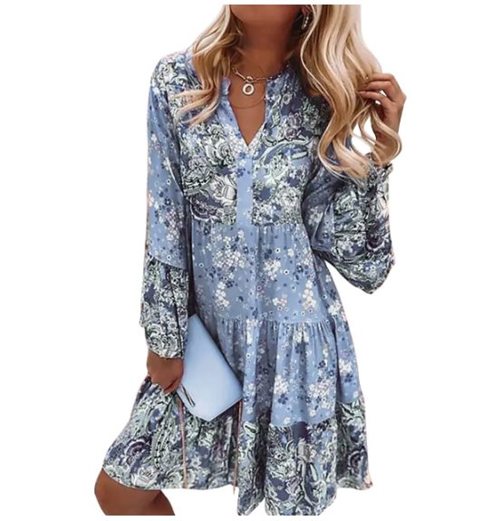 Luna | Boho Floral Midi Dress Long Sleeve V-Neck