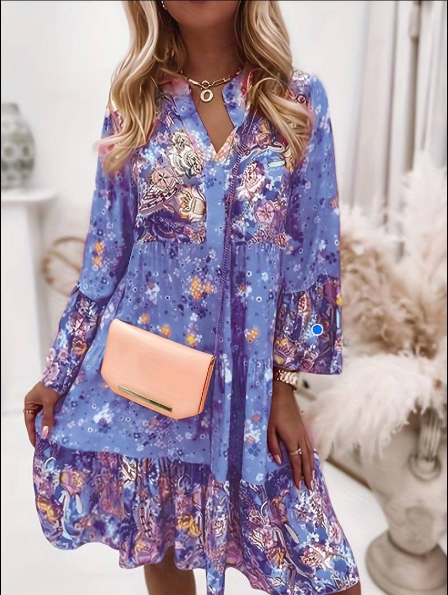 Luna | Boho Floral Midi Dress Long Sleeve V-Neck