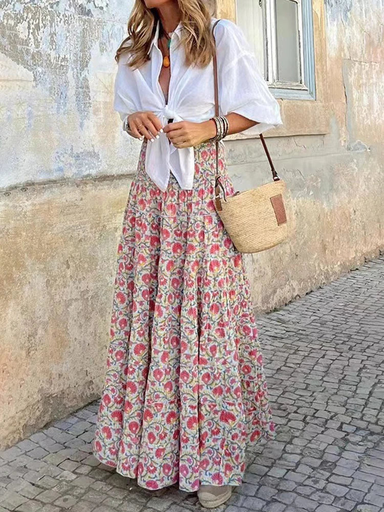Floral High Waist A Line Boho Maxi Skirt Summer