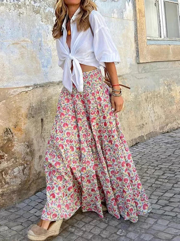 Floral High Waist A Line Boho Maxi Skirt Summer
