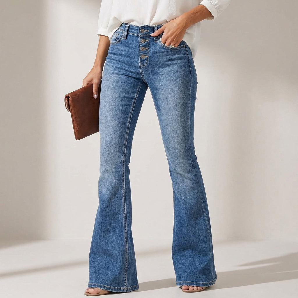 Blue high-waist denim flare Pants, front view
