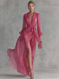 Pearl Chiffon Maxi Dress V Neck Tie Waist Wedding Guest