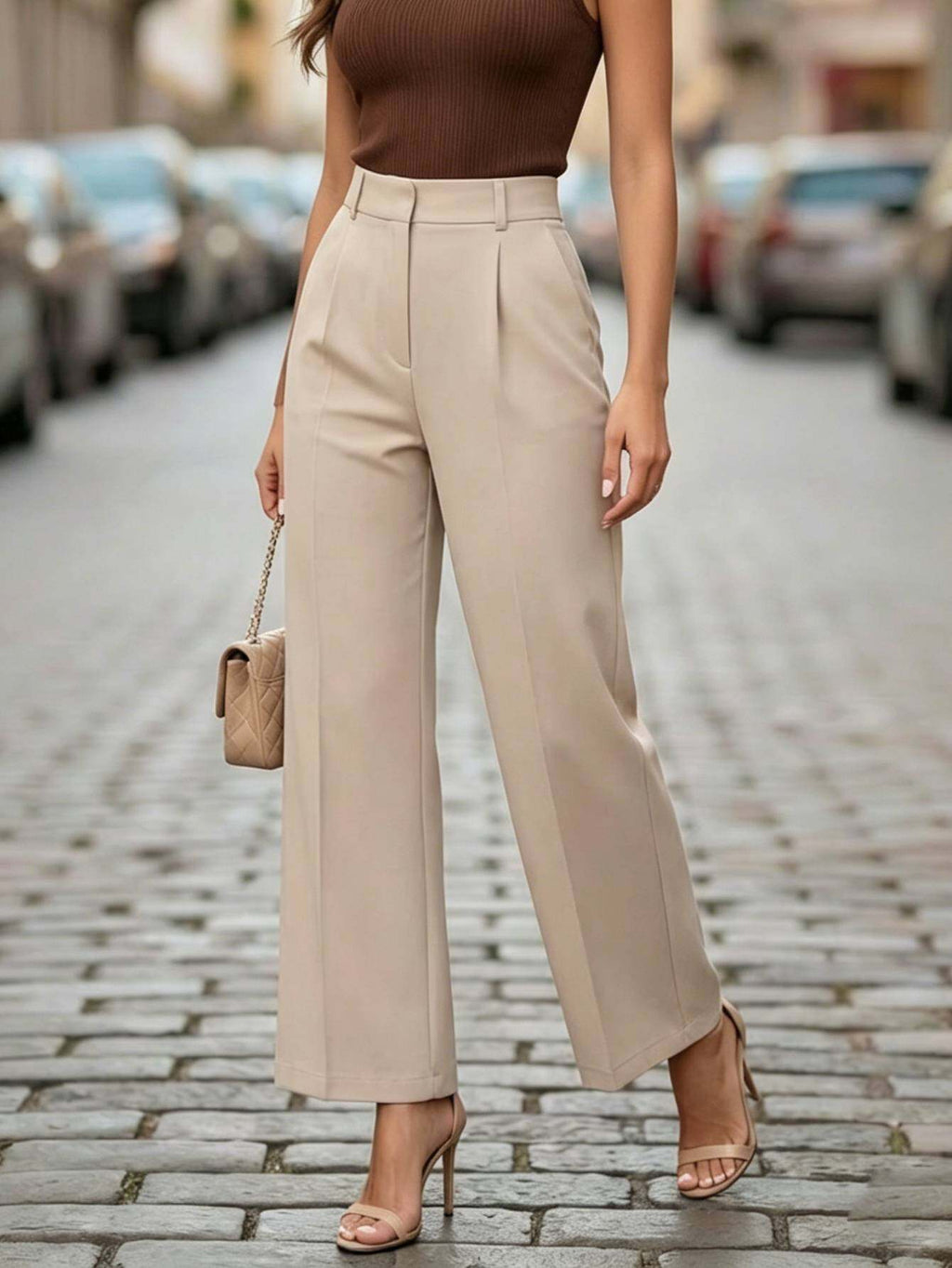 Khaki Pleated Wide Leg Pants, front view