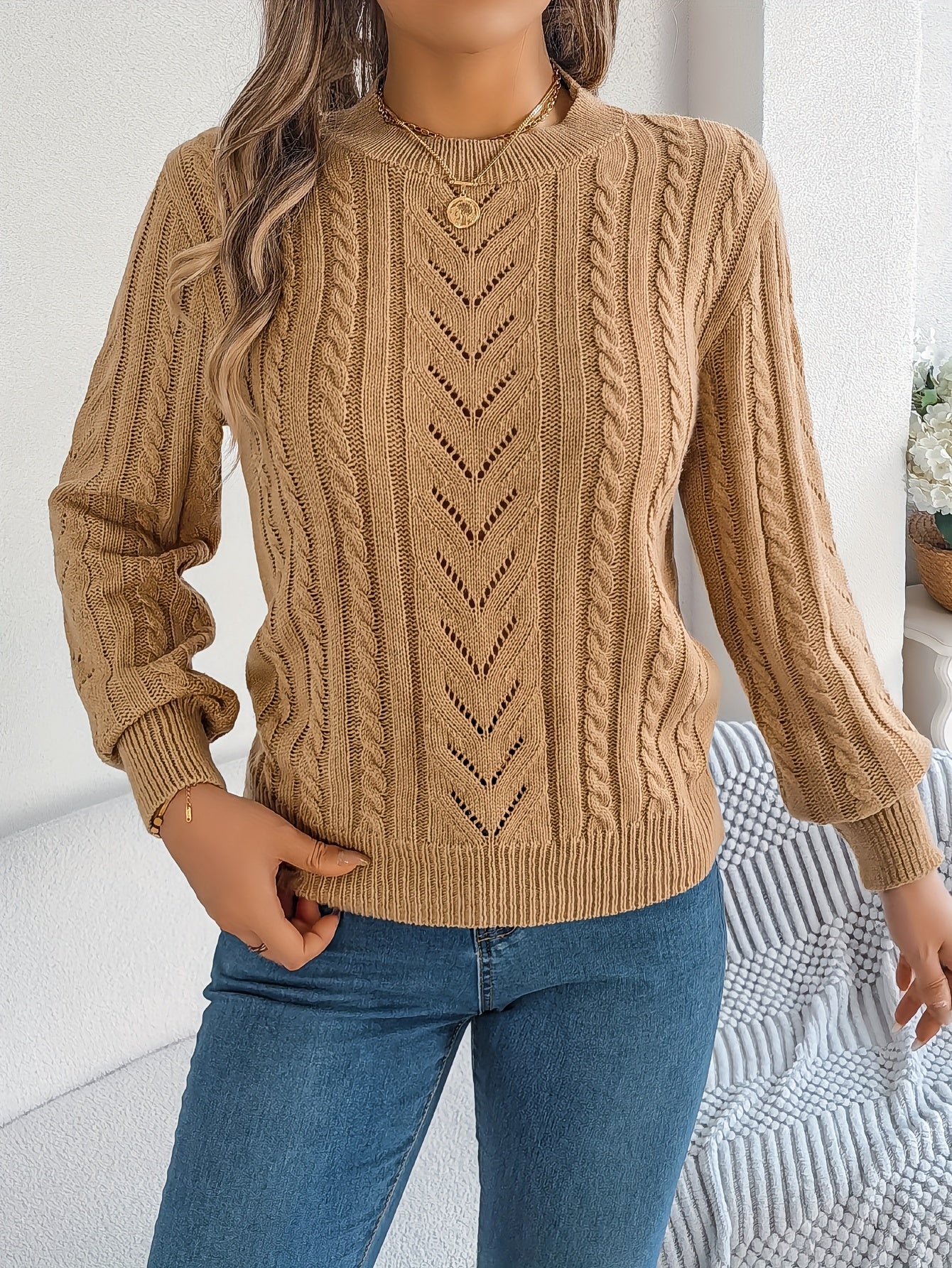 Khaki cable-knit textured sweater