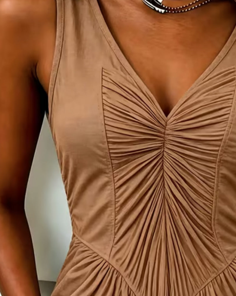 Brown shirred patchwork tank top, back view