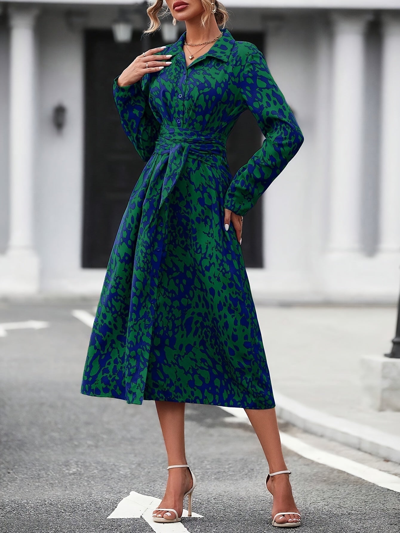 Geometric Print Belted Shirt Dress Summer