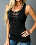 Black U-neck hollow out sleeveless tank top, front view