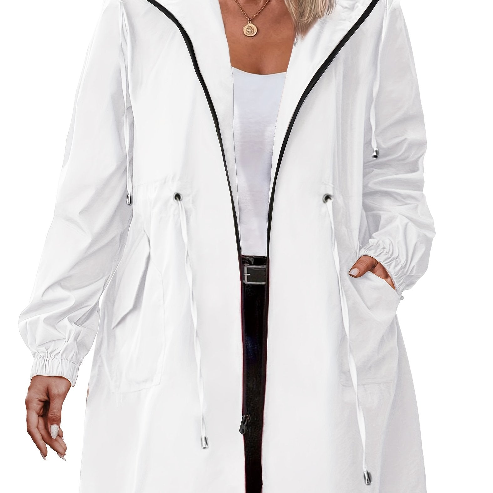 White Hooded Full-Zip Drawstring Coat, detail view