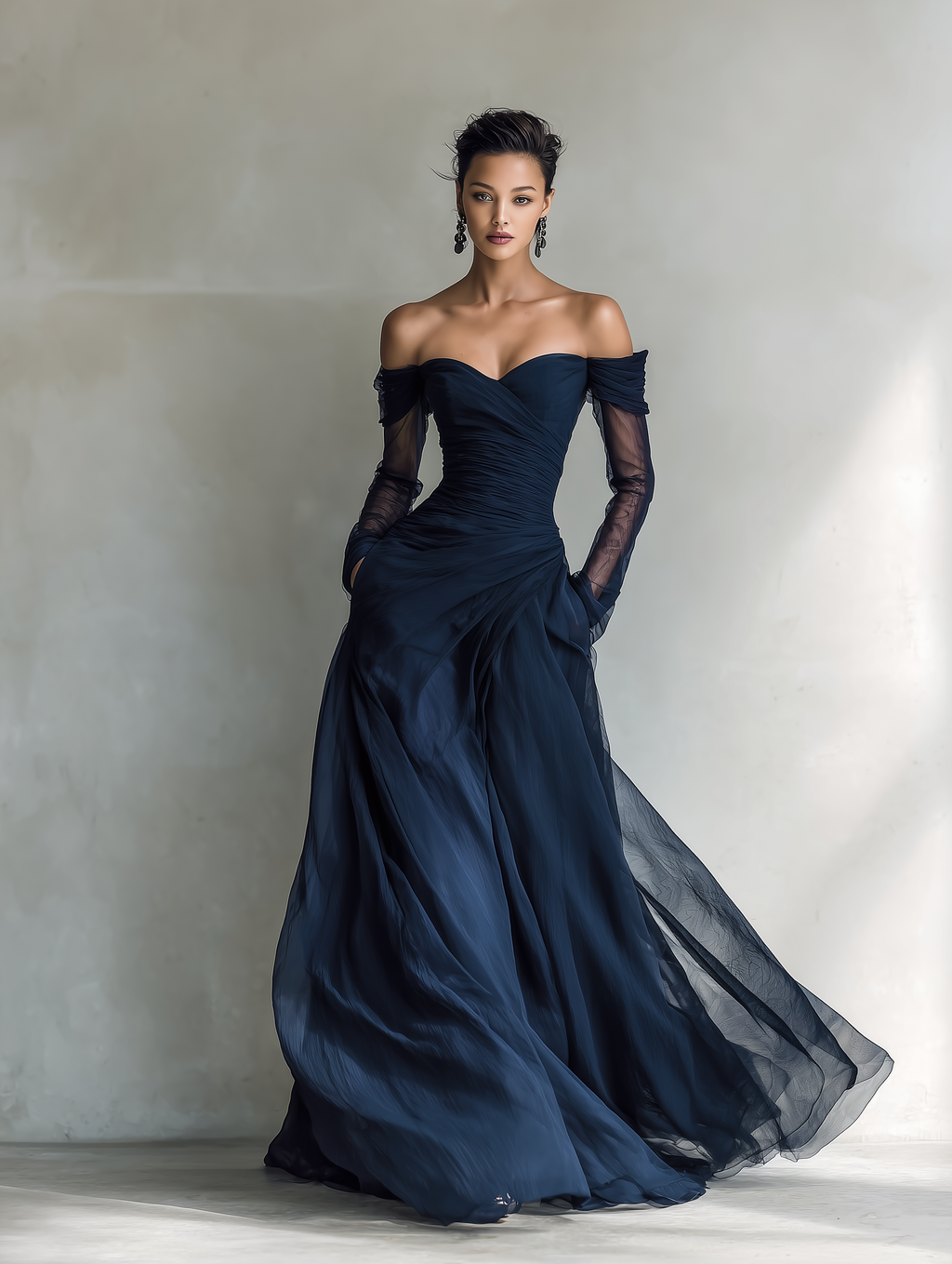 Dark Blue off-shoulder chiffon Formal Dress, full-length front view