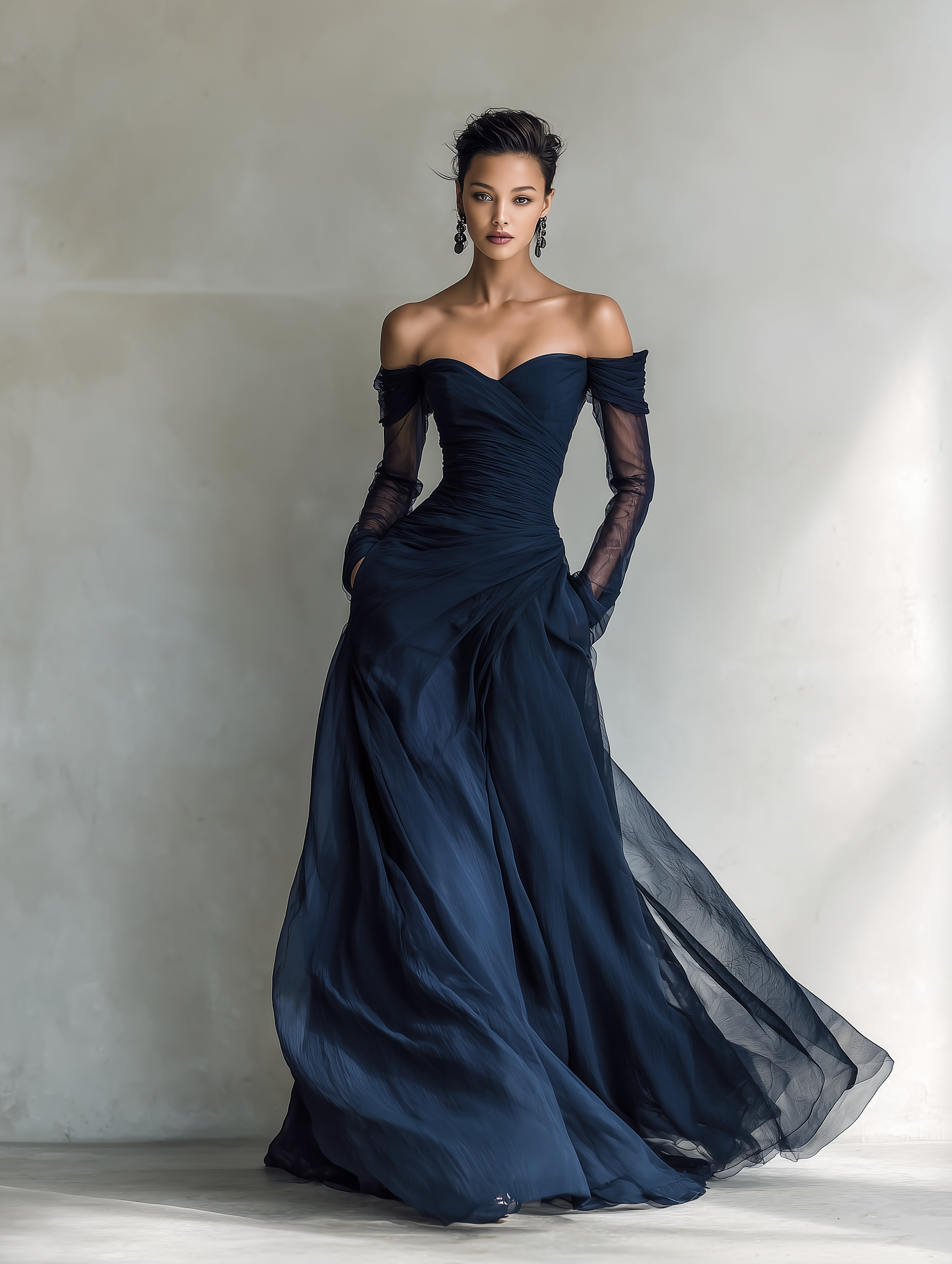 Dark Blue off-shoulder chiffon Formal Dress, full-length front view