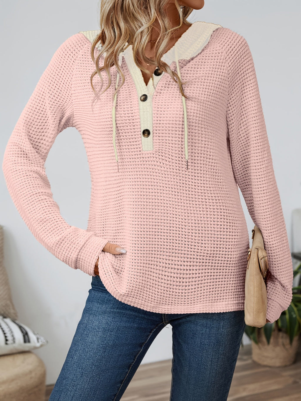 Beige relaxed waffle-texture hooded top