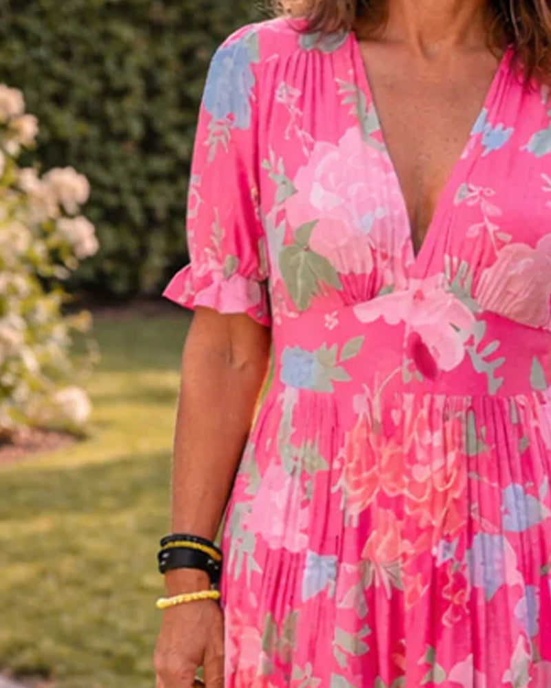 Pink high waist bubble sleeve maxi dress close-up detail