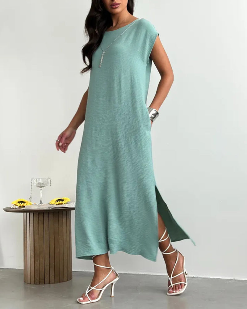 Black short sleeve slit loose maxi dress, front view