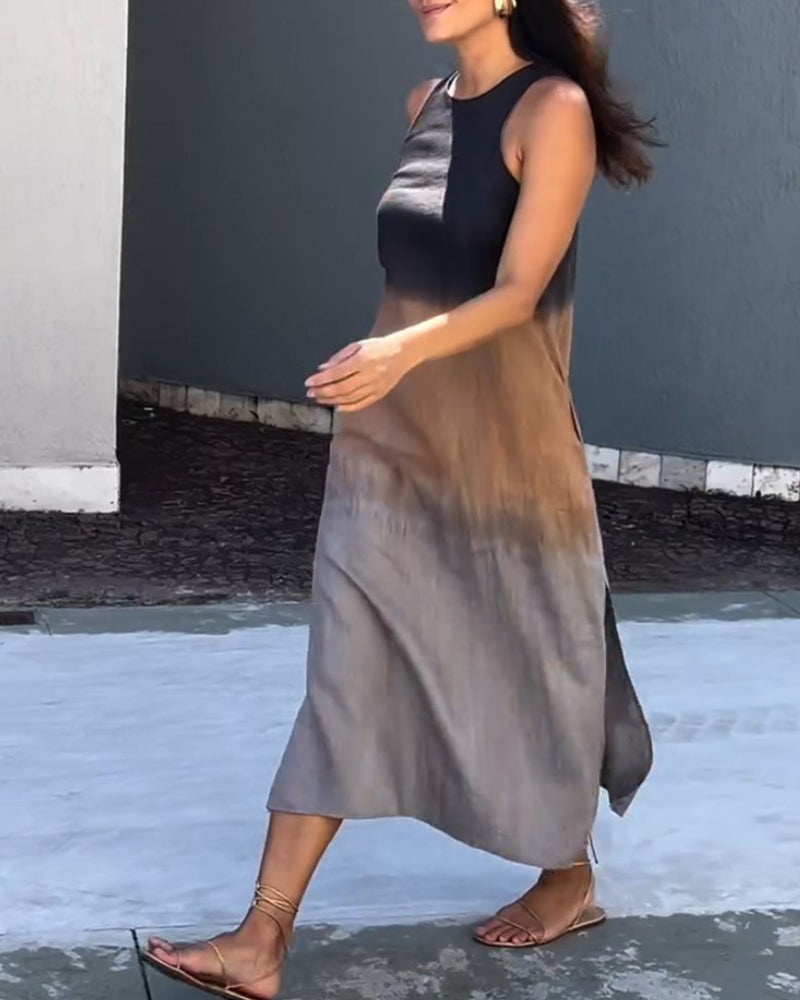 Blue gradient round neck midi dress women summer, full length view