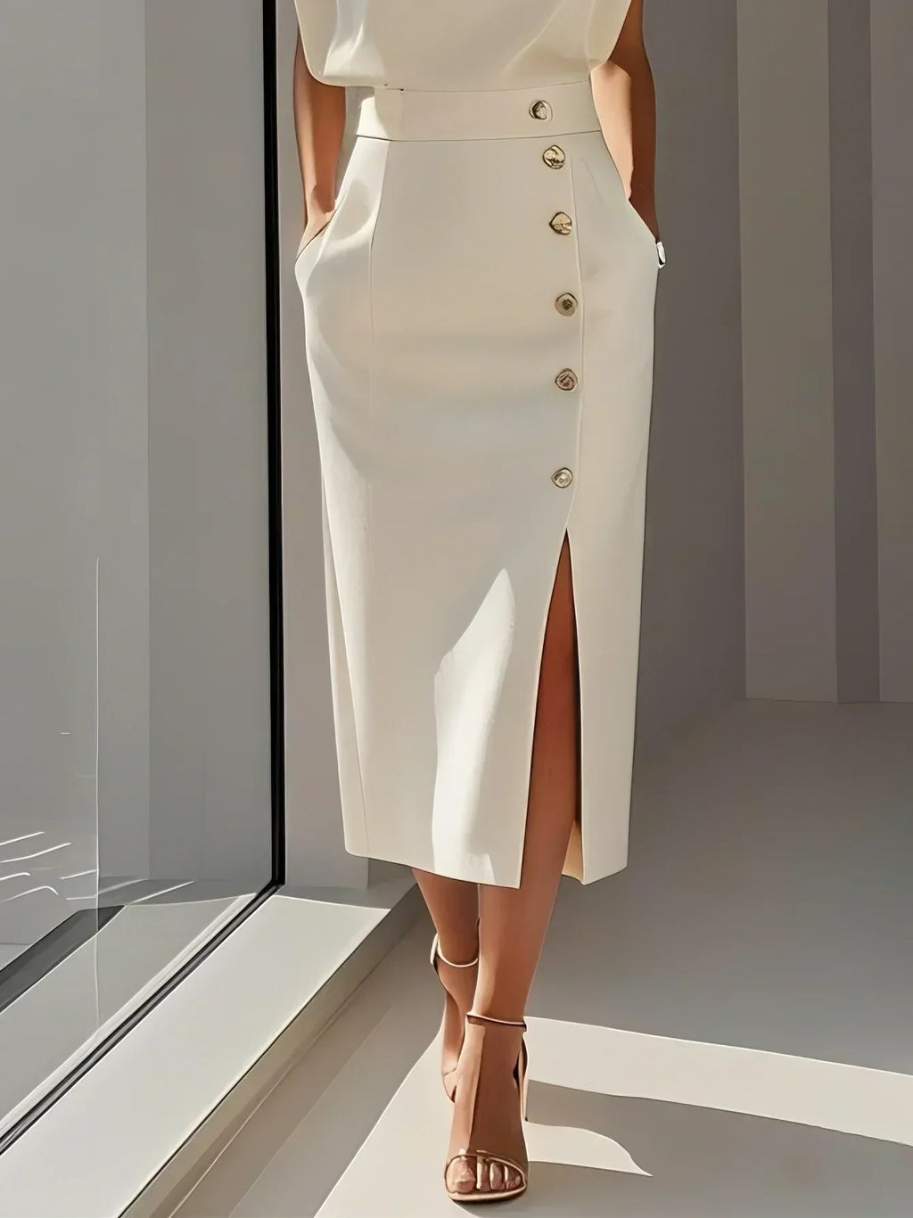 White Solid Midi Dress with Button Slit