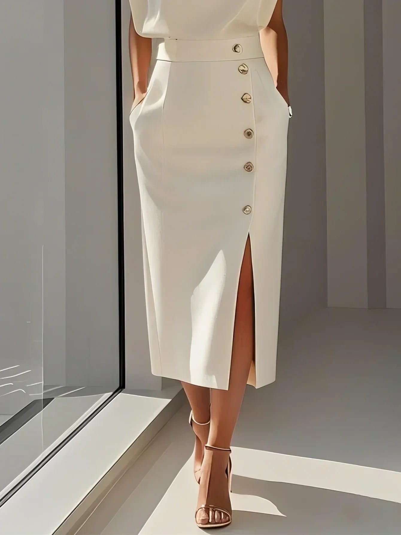 White Solid Midi Dress with Button Slit