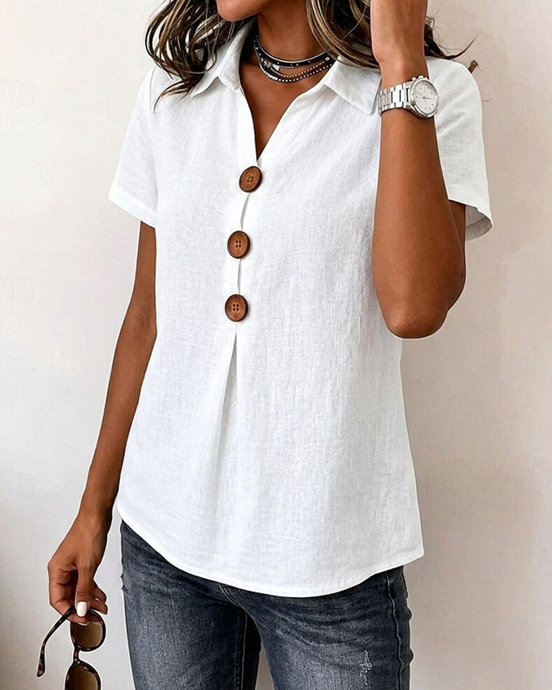 White button-front lapel blouse, detail view
