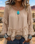 Beige double layer ruffle flare long sleeve blouse, front view