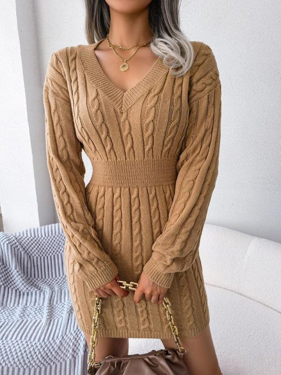 Khaki Cable-Knit Formal V-Neck Midi Dress, front view