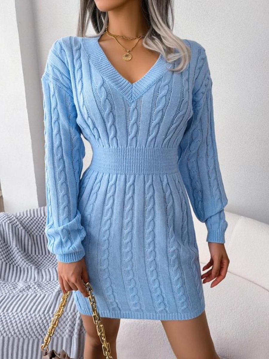 Khaki Cable-Knit Formal V-Neck Midi Dress