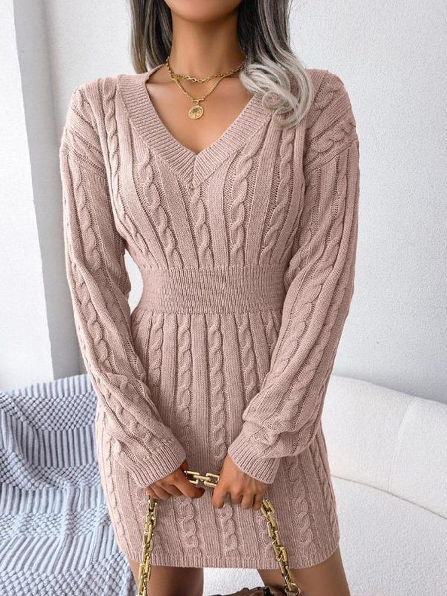 Khaki Cable-Knit Formal V-Neck Midi Dress