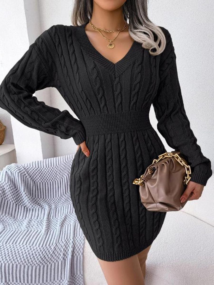 Khaki Cable-Knit Formal V-Neck Midi Dress