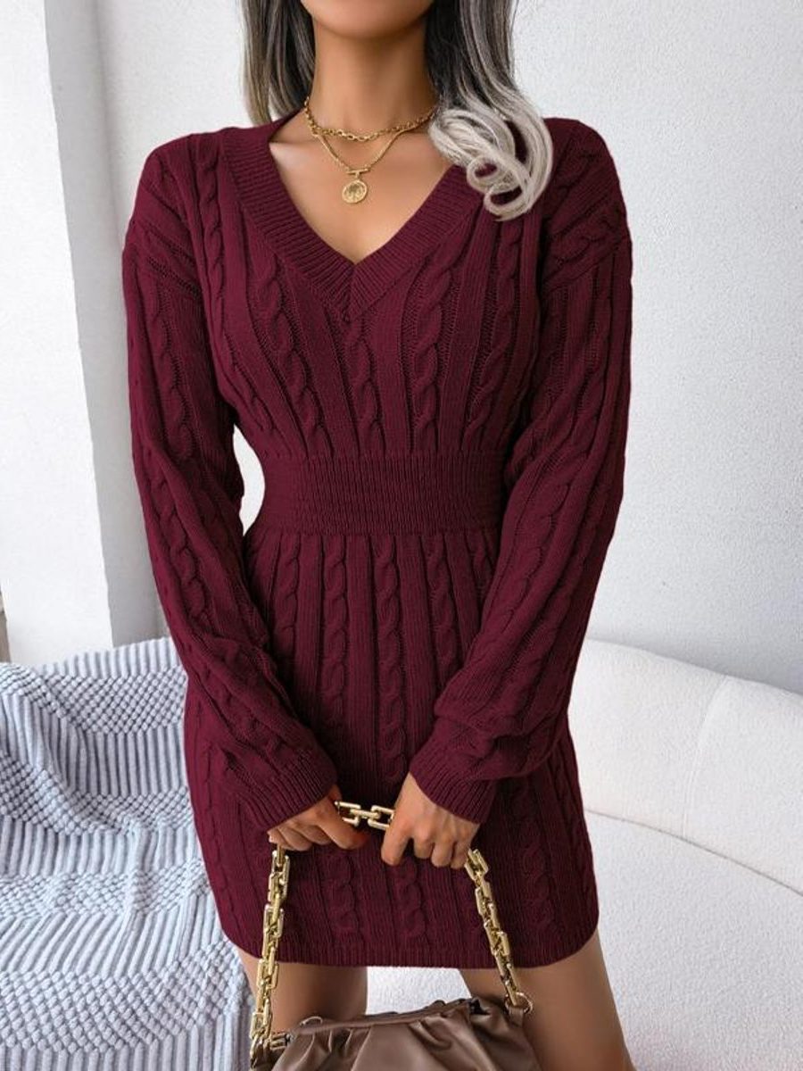 Khaki Cable-Knit Formal V-Neck Midi Dress