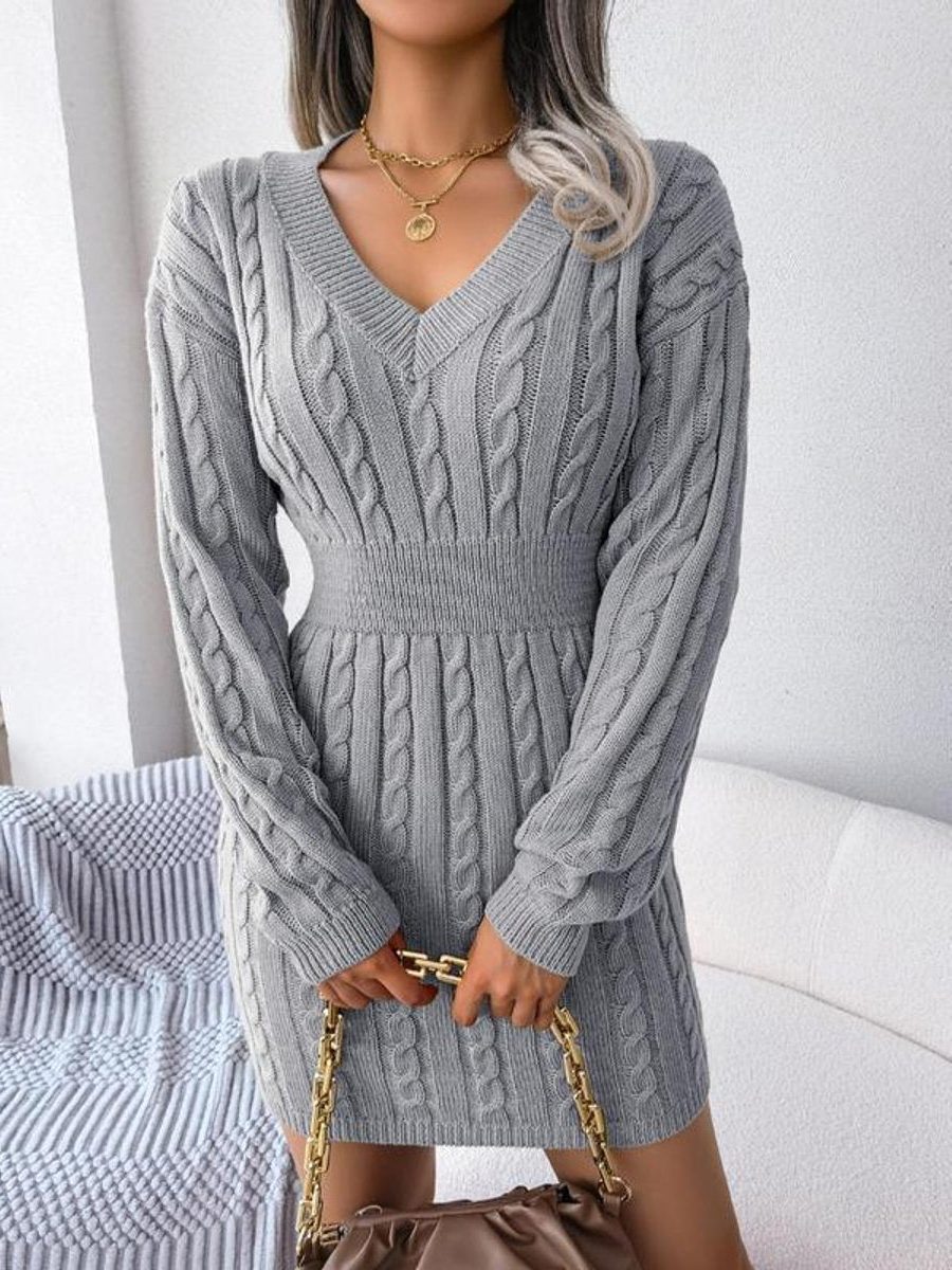 Khaki Cable-Knit Formal V-Neck Midi Dress