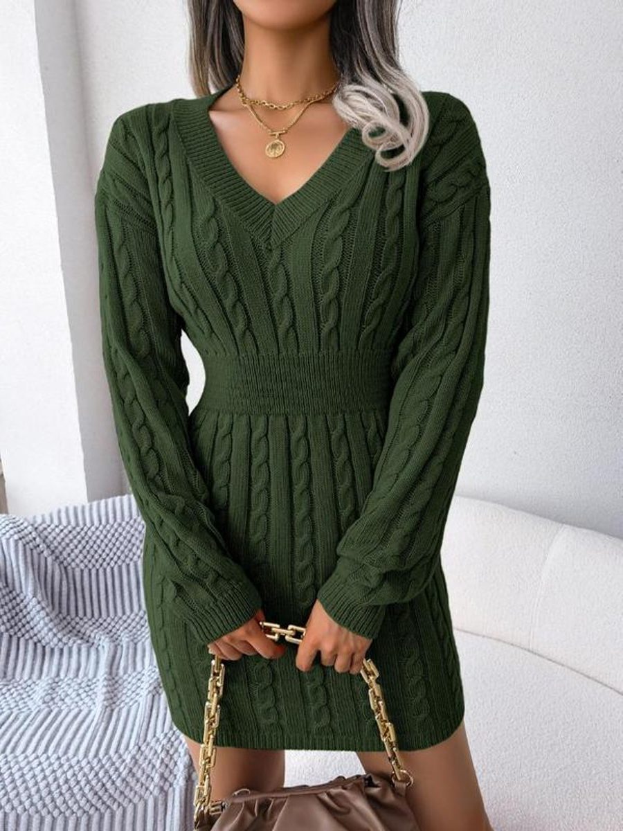 Khaki Cable-Knit Formal V-Neck Midi Dress