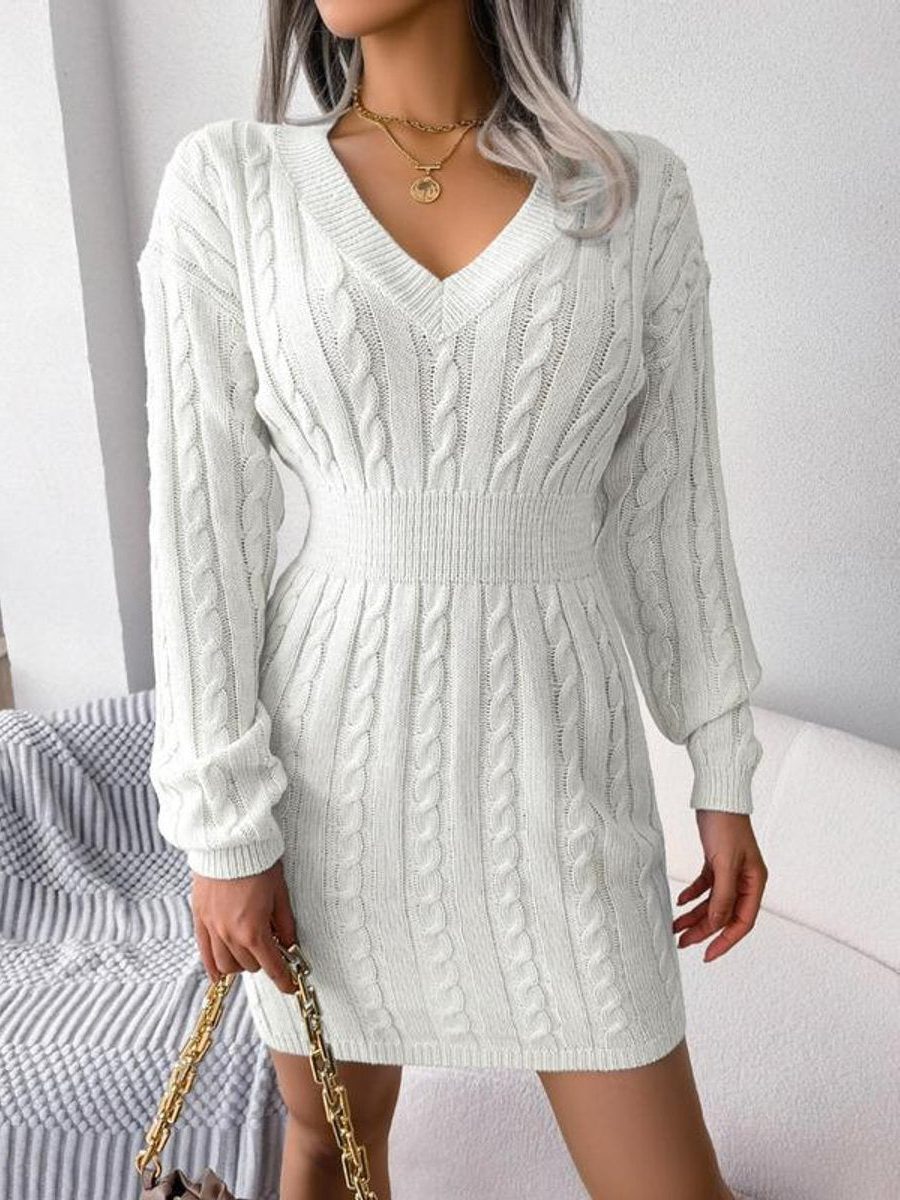 Khaki Cable-Knit Formal V-Neck Midi Dress