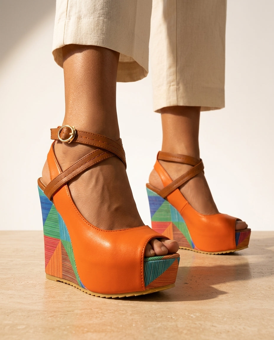 Orange Wedge Sandals, front view