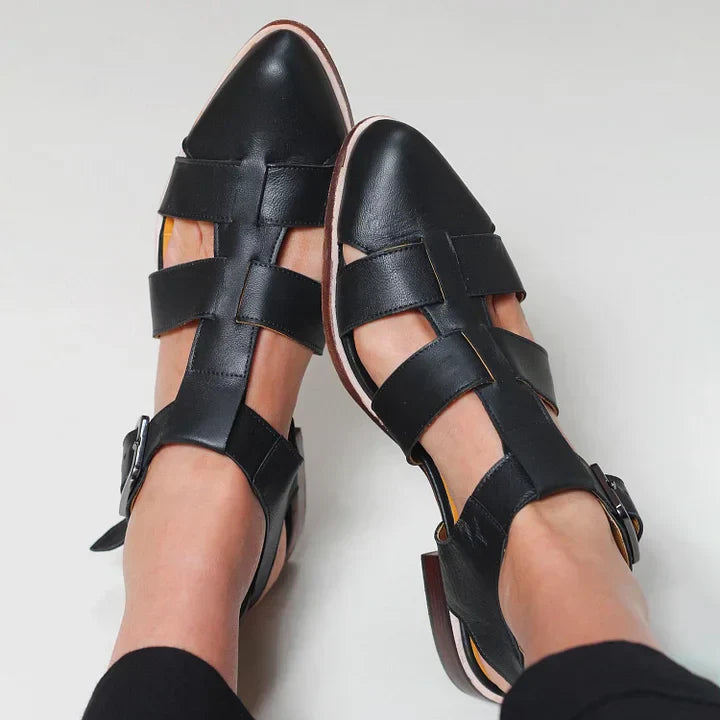 Black Caged Pointed-Toe Flat Sandals, front view