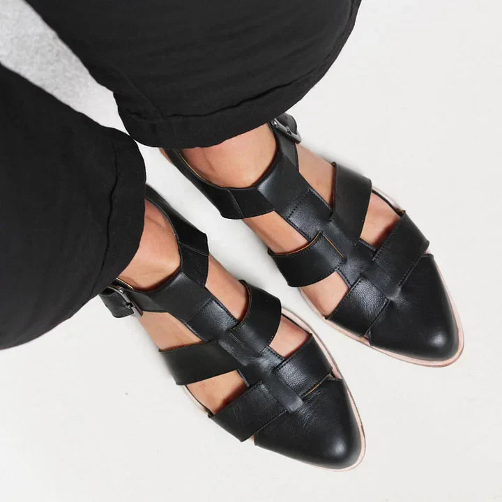 Black Caged Pointed-Toe Flat Sandals