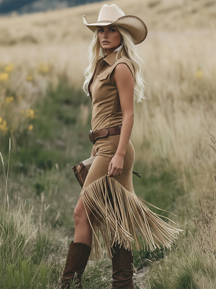 Light Brown Fringed Sleeveless Western Cowboy Midi Dress, back view with cowboy hat