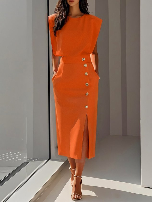 White Solid Midi Dress with Button Slit