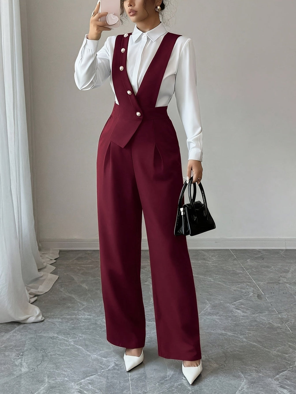 Burgundy Tailored Wide-Leg Jumpsuit