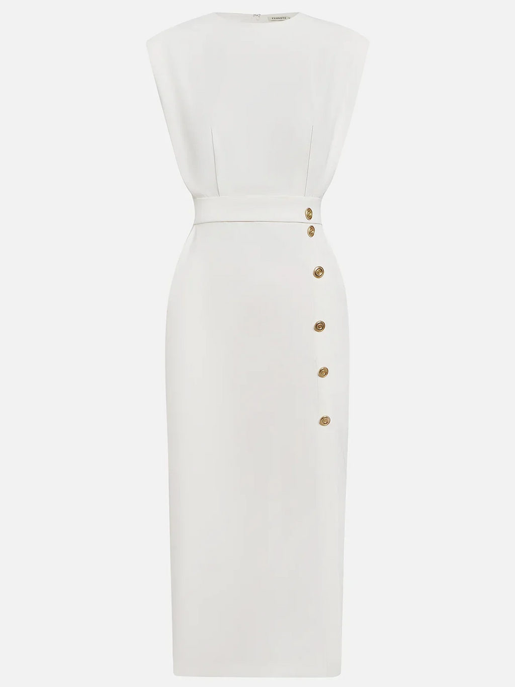 White Solid Midi Dress with Button Slit