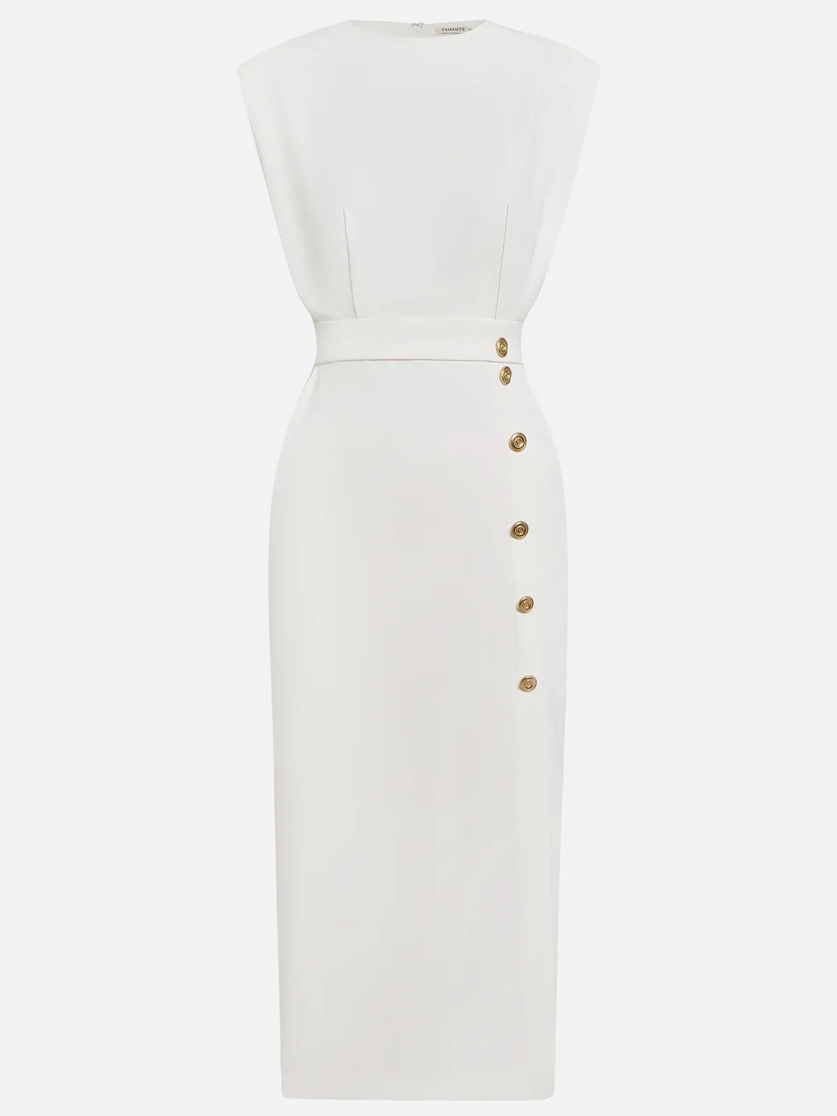 White Solid Midi Dress with Button Slit