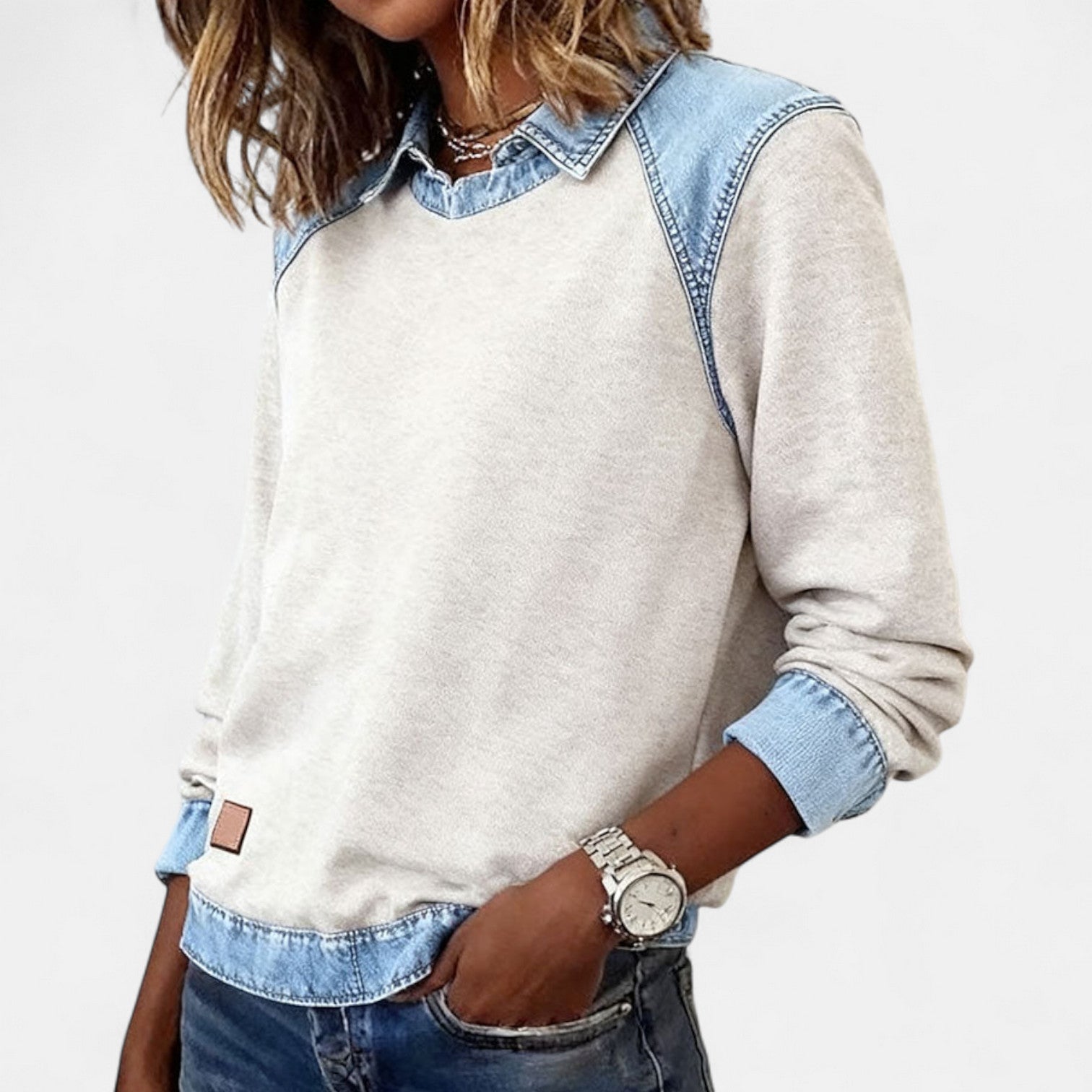 Beige denim-collar long-sleeve knit sweater with contrast denim collar and cuffs