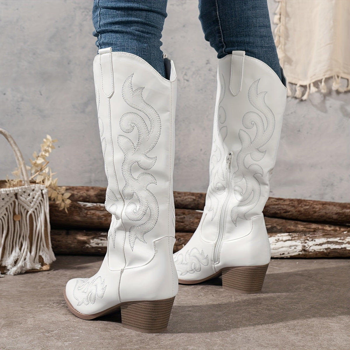 White knee-high cowboy Boots, front view
