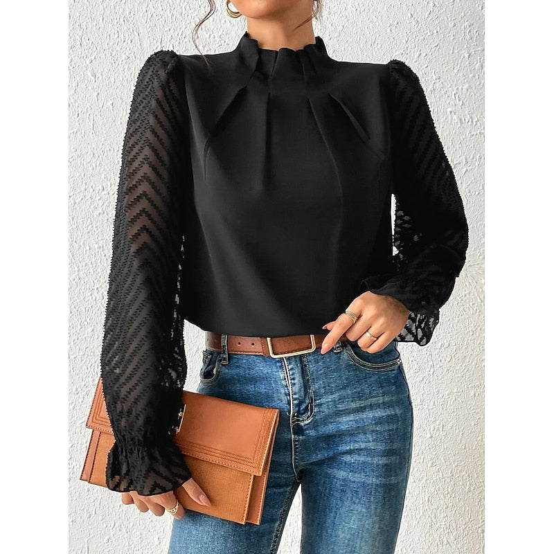 Black High-Neck Pleated Blouse