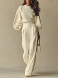 Beige ribbed knit co-ord set, front view