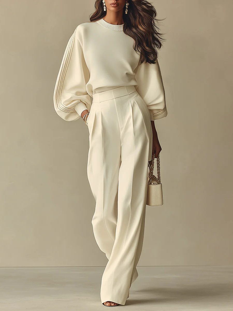 Beige ribbed knit co-ord set, front view
