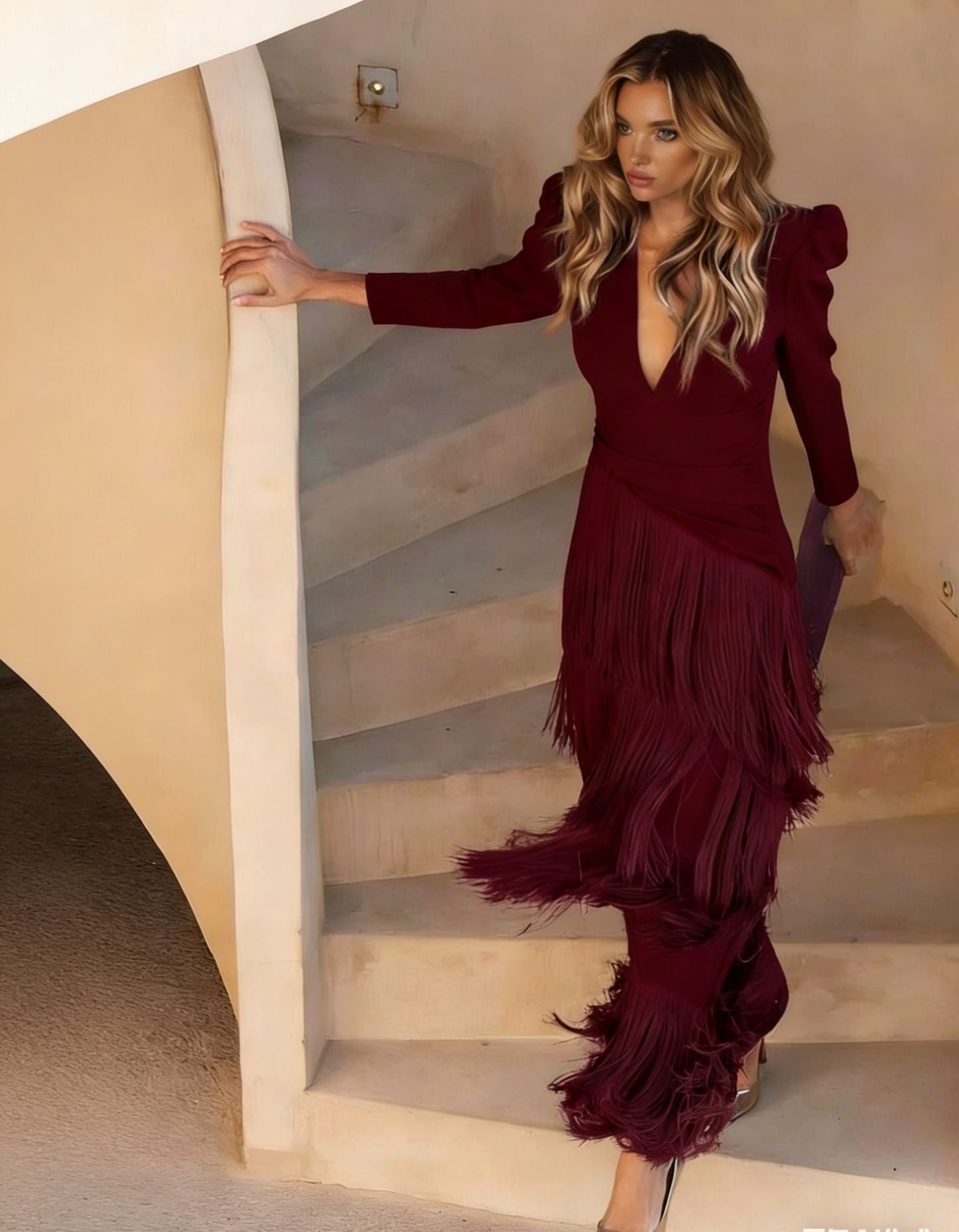 Brown Tiered Fringe Wedding Guest V-Neck Midi Dress