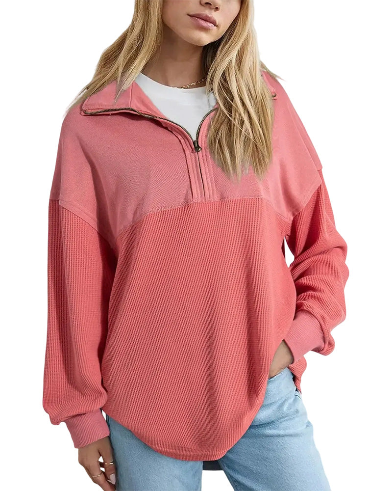 Pink waffle patchwork long sleeve sweatshirt, side view