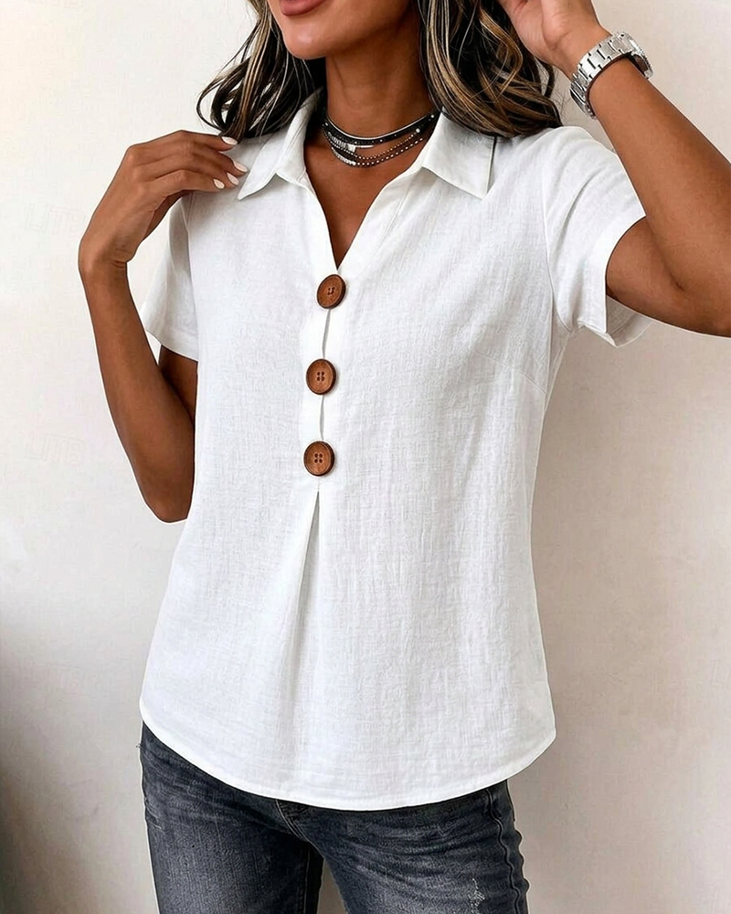 White short sleeve lapel blouse, side view